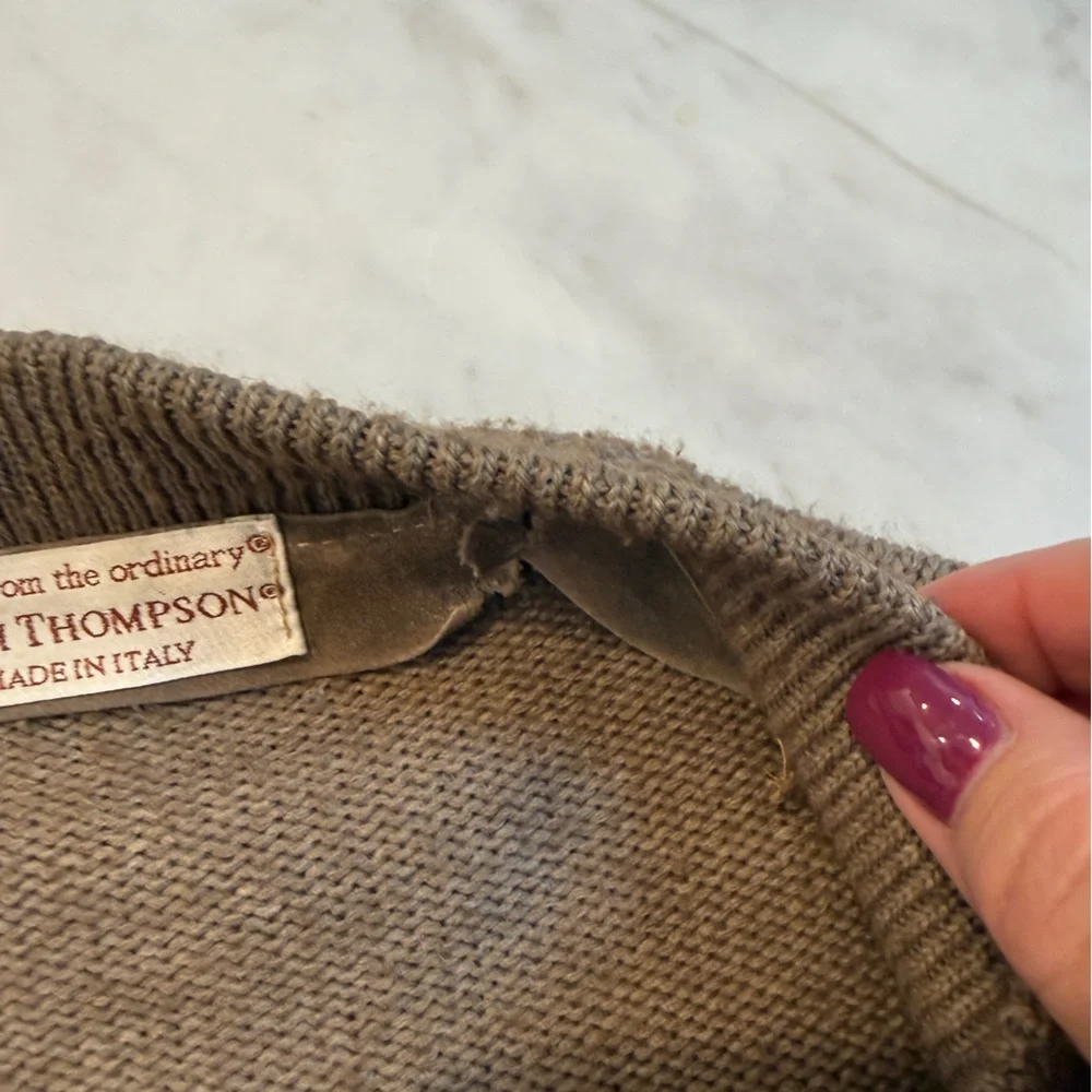 Norm Thompson Tan Suede Trim Wool Cable Knit Grandpa Cardigan Vintage Size L
